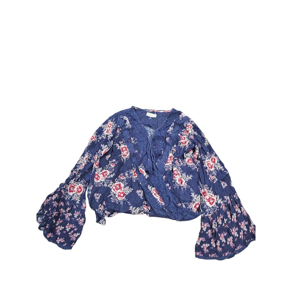 Altar'd State Faux Wrap Floral Boho Bell Sleeve Lace Yoke Blouse Navy L